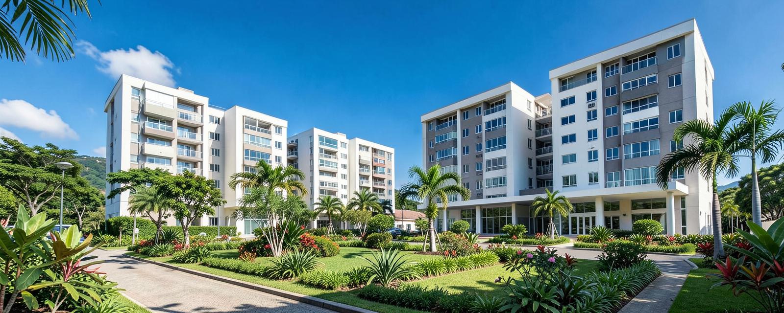 Conjunto residencial moderno con jardines en Colombia