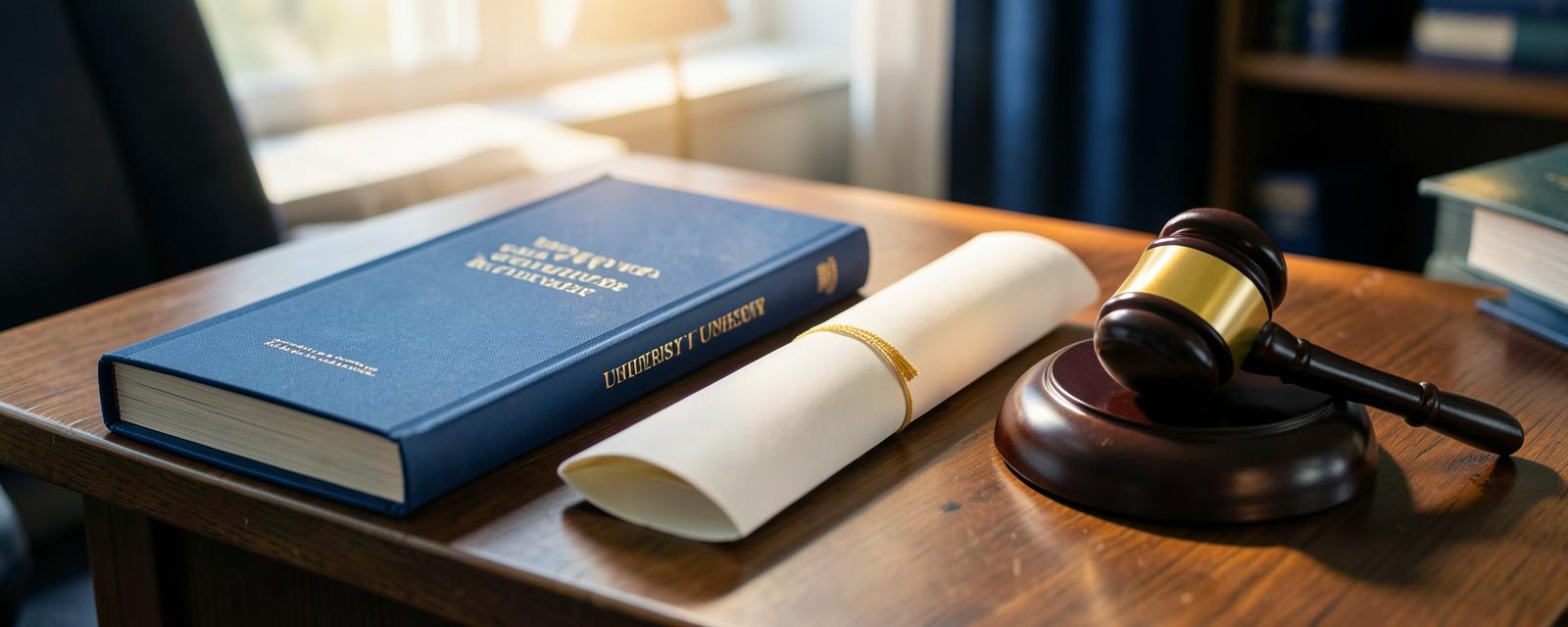 Libro universitario, diploma y mazo sobre un escritorio de madera