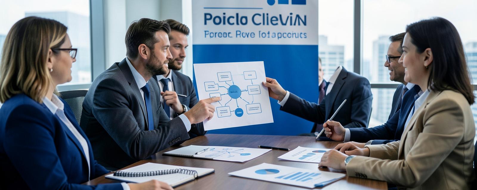 Consultor presentando un diagrama de proceso en una reunión de trabajo