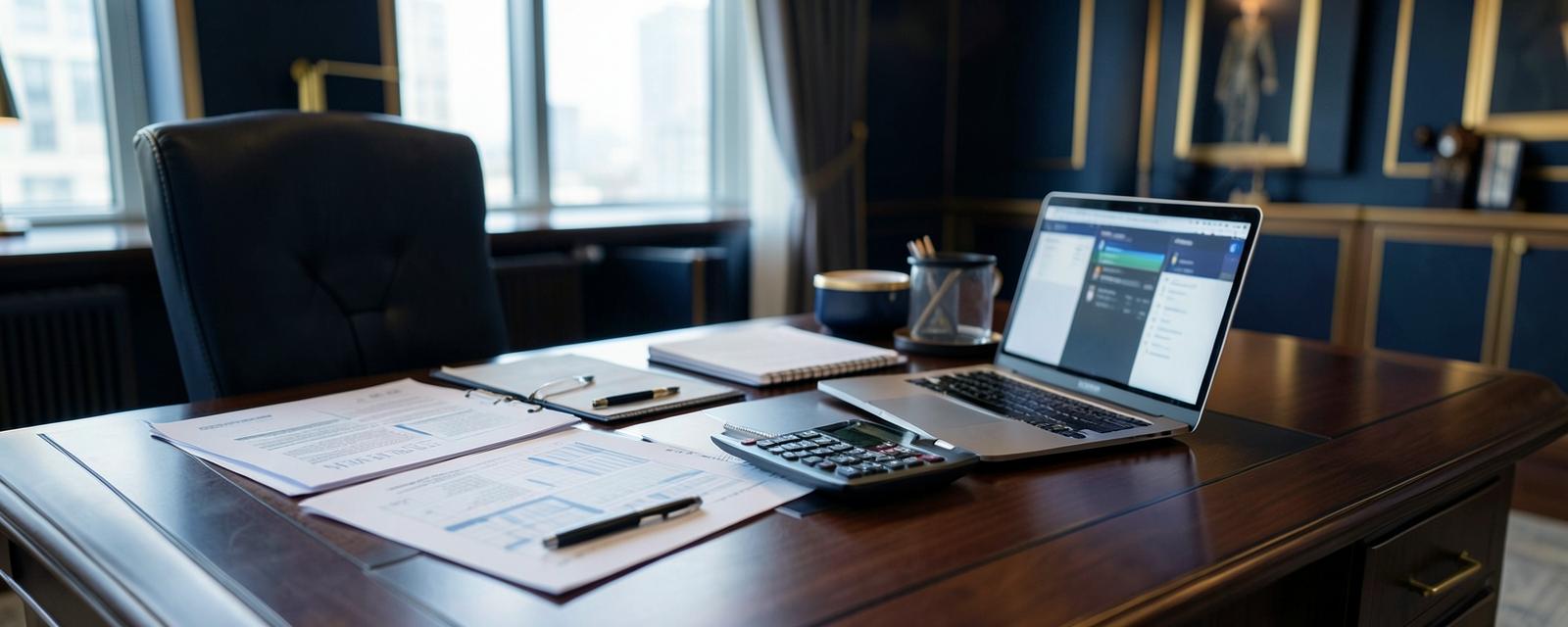 Escritorio de trabajo con documentos financieros, calculadora y portátil