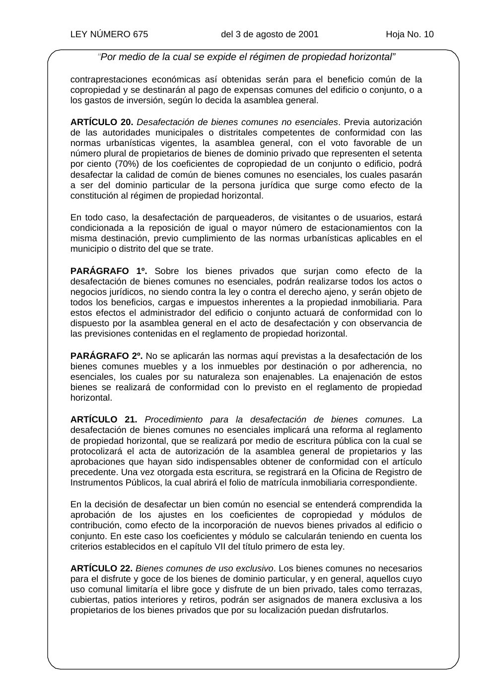 Ley 675 de 2001, hoja oficial 10 de 31