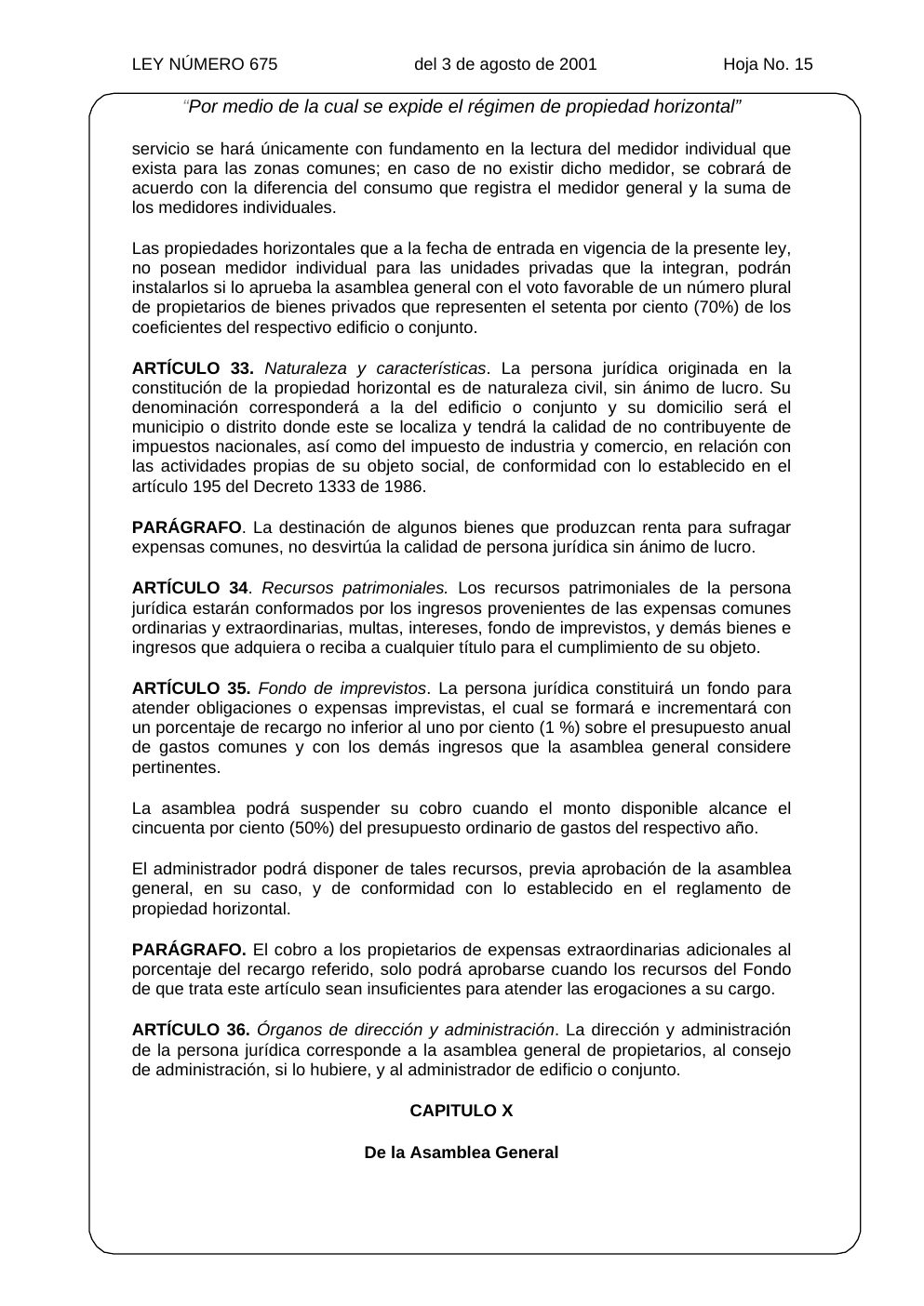 Ley 675 de 2001, hoja oficial 15 de 31