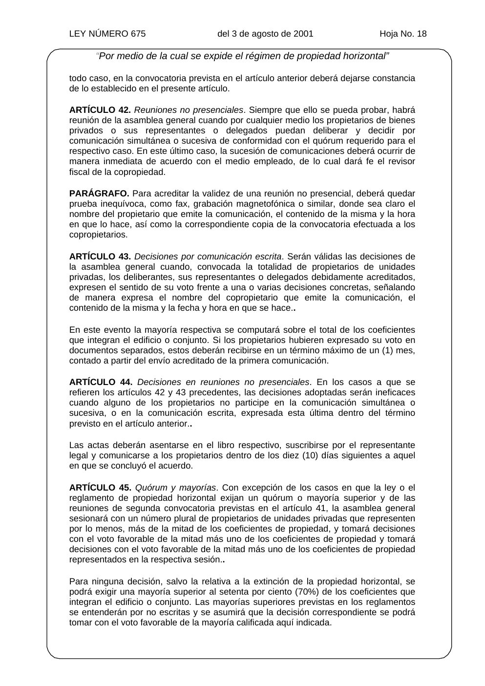 Ley 675 de 2001, hoja oficial 18 de 31