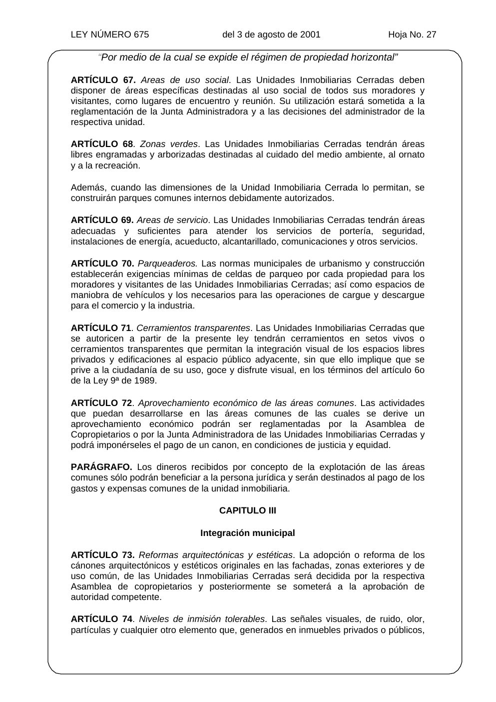Ley 675 de 2001, hoja oficial 27 de 31