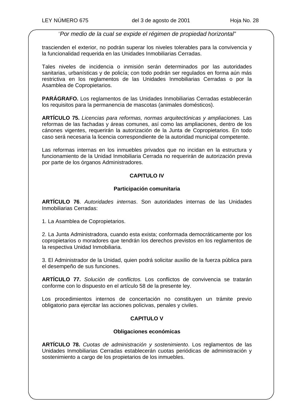 Ley 675 de 2001, hoja oficial 28 de 31